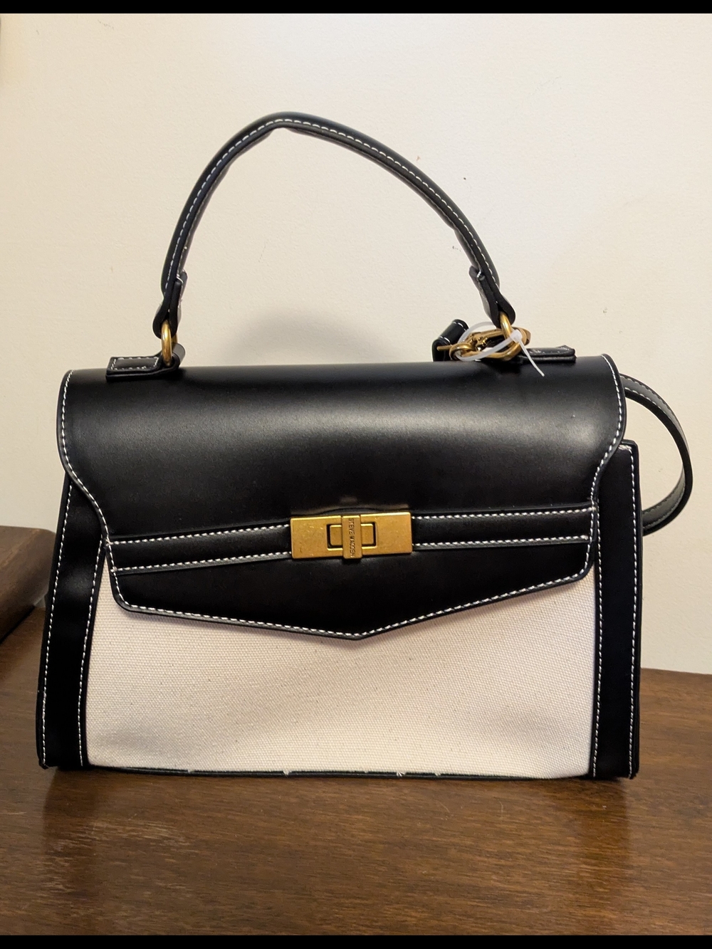 Steve Madden Black & Cream Top-Handle Satchel Handbag NWT